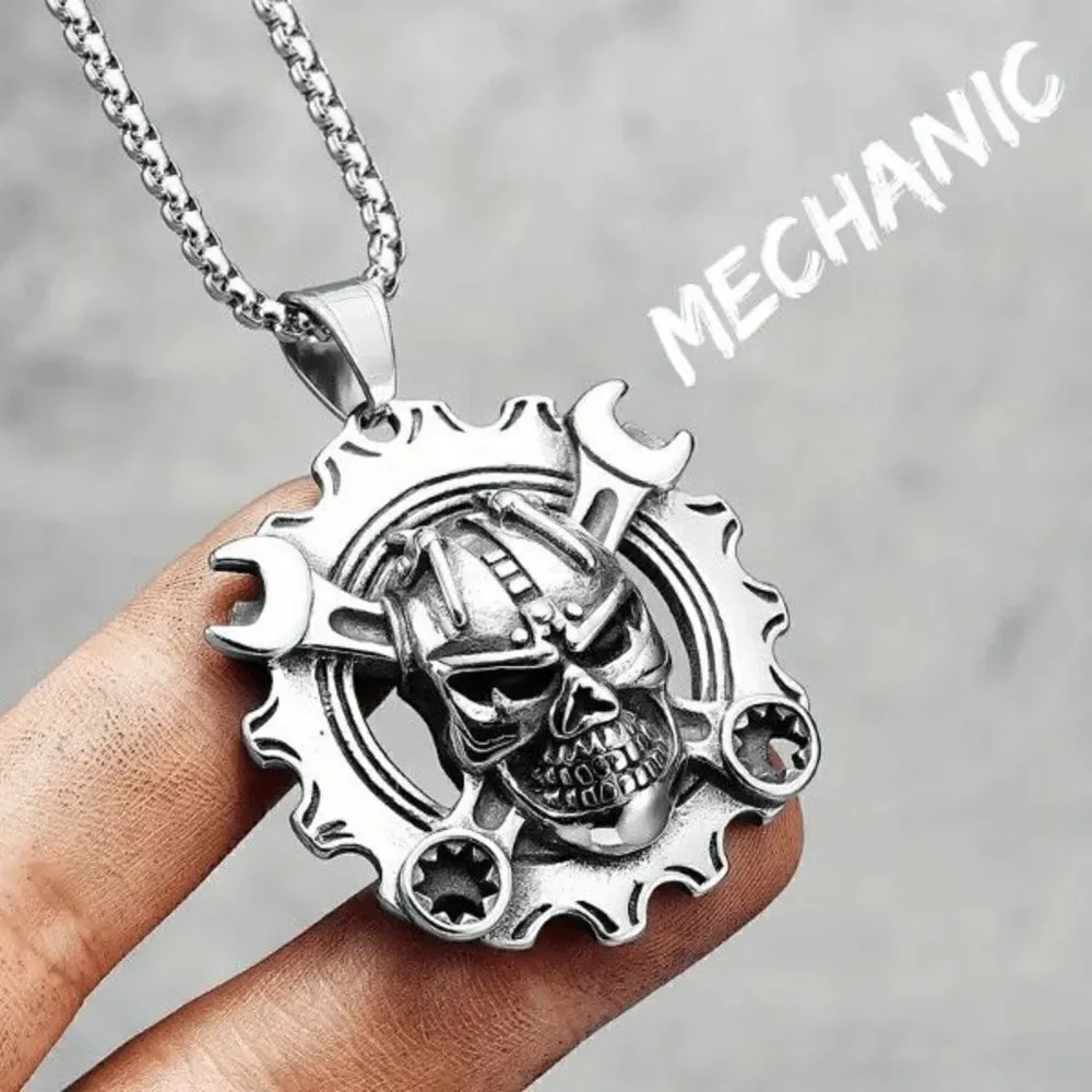 Skull Head on Wrench and Gear Stainless Steel Pendant Necklace